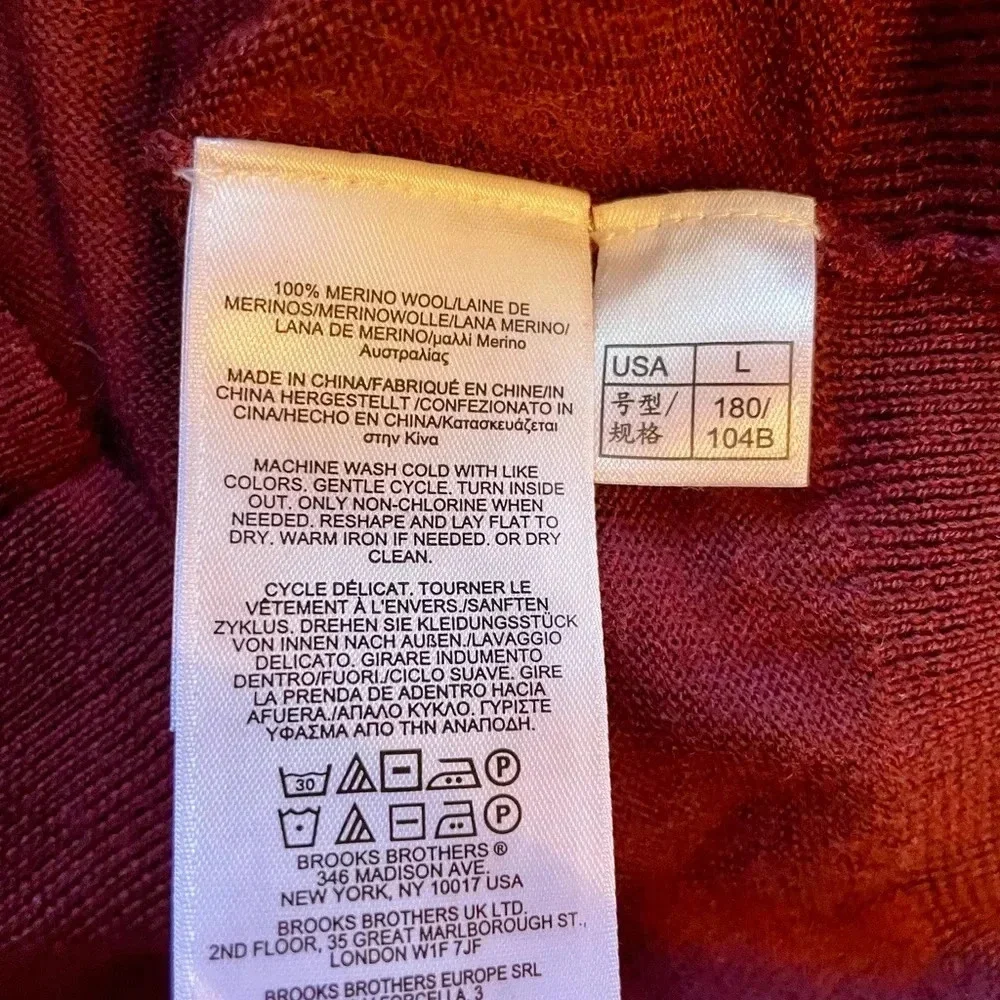 BROOKS BROTHERS Sweater Men's Size L 100% Extra Fine Merino Wool V Neck Burgundy